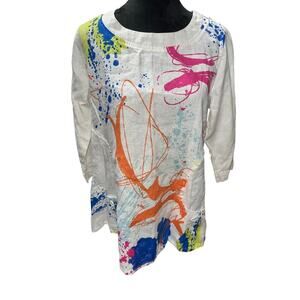 Ali Meyers Scoop Neck Tunic Top Linen Fun Colorful M artsy Lagenlook vacation
